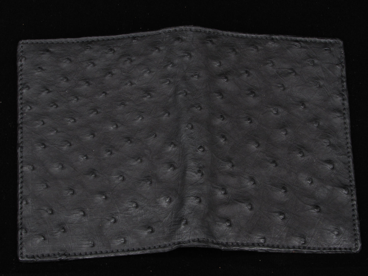 Black ostrich leather passport wallet on a black background