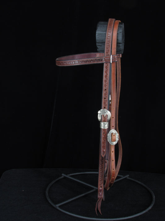 Browband Headstall with Meandor Tooling and Featuring HSB White Bronze Buckles