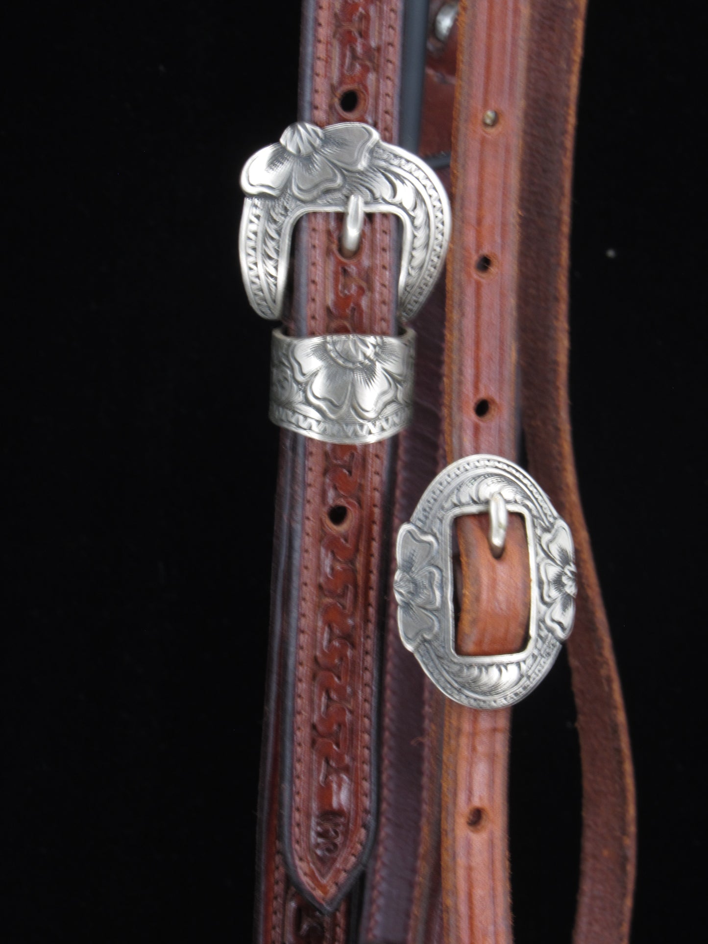 Browband Headstall with Meandor Tooling and Featuring HSB White Bronze Buckles