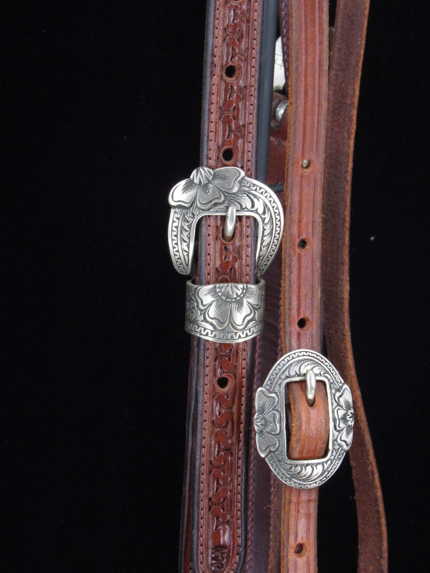 Browband Headstall with Meandor Tooling and Featuring HSB White Bronze Buckles